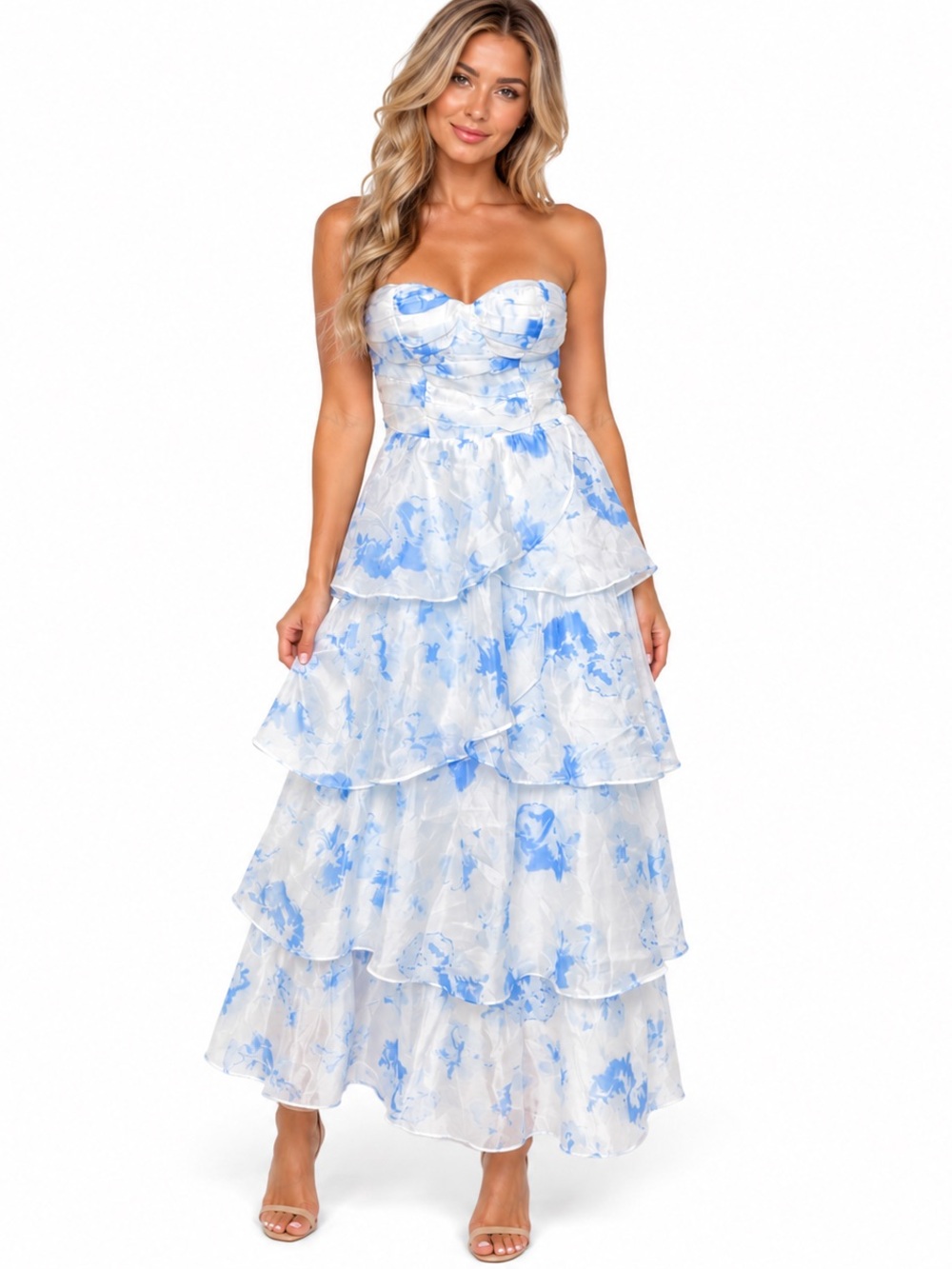 Hello Molly Blue Floral Strapless XS Tiered Maxi Dress NWT